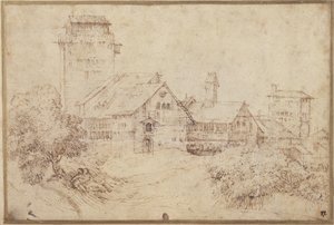 Landskap med bygninger og elskere, omfavnende, etter Titian (penn og brunt blekk med rødt kritt på papir) av Rembrandt Harmensz. van Rijn
