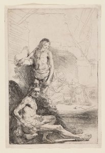 Naken mann sittende og stående, ca. 1646 (etsing på elfenbensfarget papir) av Rembrandt Harmensz. van Rijn