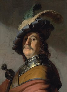 Portrett av en mann med en brystplate og en beret med fjær - Maleri av Rembrandt van Rijn (1606-1669) av Rembrandt Harmensz. van Rijn