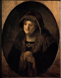 Portrett av kunstnerens mor støttet på stokken hennes (olje på lerret av Rembrandt van Rijn