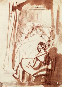 Saskia ligger i sengen, en kvinne sitter ved føttene hennes av Rembrandt Harmensz. van Rijn