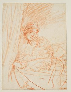 Saskia sitter oppe i sengen og holder et barn, 1635 ca av Rembrandt van Rijn
