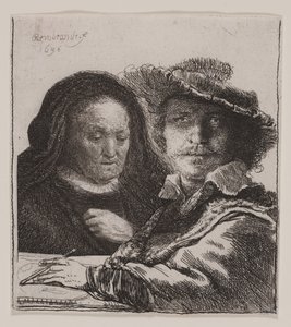 Selvportrett med kunstnerens mor av Rembrandt van Rijn