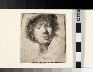 Selvportrett i caps, åpen munn av Rembrandt van Rijn