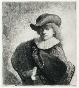 Selvportrett i myk hatt og mønstret kappe av Rembrandt Harmensz. van Rijn
