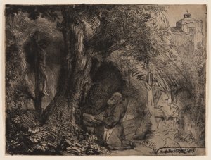 St. Francis under et tre ber av Rembrandt Harmensz. van Rijn