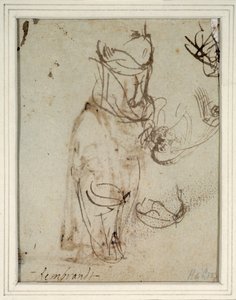 Studier av en høy hodeplagg; og av et hode snudd fra recto (penn og blekk på papir) (verso av 2636119) av Rembrandt Harmensz. van Rijn