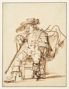 Studie av en sittende skuespiller i en plymet hatt - Capitano fra Commedia dell"Arte, recto, 1636-c.1638 av Rembrandt van Rijn