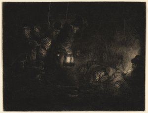 The Adoration of the Shepherds: A Night Piece, ca. 1657 (etsing, tørrpunkt og graving i svart på elfenbensfarget papir) av Rembrandt Harmensz. van Rijn