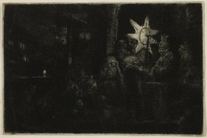 The Star of the Kings: A Night Piece, ca. 1651 (etsing, tørrstift og gravering på elfenbensfarget papir) av Rembrandt Harmensz. van Rijn