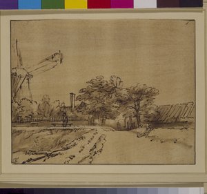 Vindmøllen på bolverket til Sint Anthonispoort, Amsterdam, ca. 1650 (penn og blekk på papir) av Rembrandt Harmensz. van Rijn