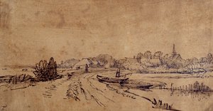Utsikt over Sloten, ca. 1650 (penn og blekk med brun vask på papir) av Rembrandt Harmensz. van Rijn