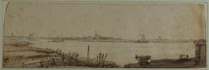 Utsikt over elven IJ fra Diemerdijk, ca. 1650 (penn og blekk med brun vask og hvit kroppsfarge på papir) av Rembrandt Harmensz. van Rijn