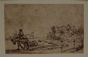 Utsikt på Amstel, med en hest som sleper en lekter, ca. 1650 (penn og blekk med brun vask på papir) av Rembrandt Harmensz. van Rijn