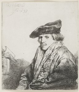 Ung mann i fløyelshette med bøker ved siden av seg av Rembrandt van Rijn