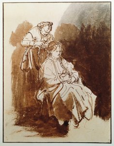 Ung kvinne på toalettet hennes. En gammel hushjelps hår. (Blekktegning, ca. 1635) av Rembrandt van Rijn