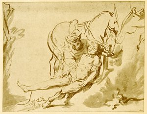 Den barmhjertige samaritan undersøker de sårede av Rembrandt van Rijn