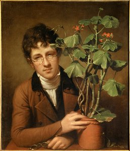 Portrett av maleren Rubens Peale (1784-1864) ved geranien Maleri av Rembrandt Peale (1778-1860) (ec.amer.) 1801 Collection privee - Portrett av maleren Rubens Peale (1784-1864) med en geranium - Maleri av Rembrandt Peale (1778-1860), olje på