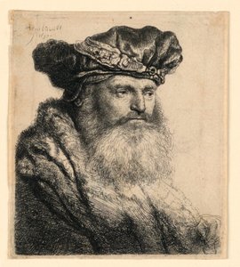 En skjeggete mann iført en fløyelshette med en juvellås av Rembrandt van Rijn