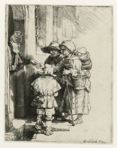 En blind gurdy-spiller og hans familie En blind løpebanespiller og familie som mottar almisser av Rembrandt van Rijn