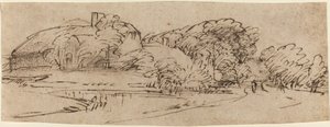 Et landskap med gårdsbygninger blant trær av Rembrandt van Rijn