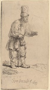En bonde med høy lue, stående lent på en pinne av Rembrandt van Rijn