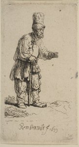 En bonde med høy lue, stående lent på en pinne, 1639. av Rembrandt van Rijn