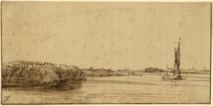 A Sailing Boat on a Wide Expanse of Water, ca. 1650 (penn og brunt blekk og brun vask, på tonet papir) av Rembrandt van Rijn