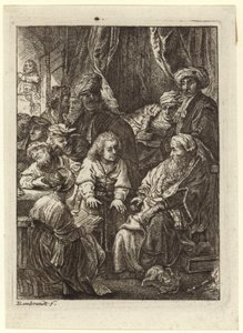 En mengde mennesker samlet seg rundt en sittende gammel mann av Rembrandt van Rijn