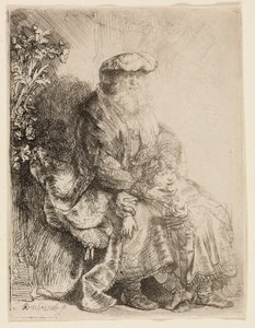 Abraham kjærtegner Isak av Rembrandt van Rijn
