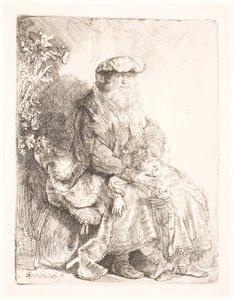 Abraham kjærtegner Isak av Rembrandt van Rijn
