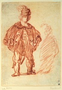 En skuespiller stående (sangvinsk) av Rembrandt van Rijn