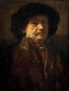 Selvportrett i pels med gullkjede og ørering, av Rembrandt van Rhijn (1606-1669). olje på tre av Rembrandt van Rijn