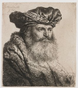 Skjeggete mann i fløyelshette med juvellås av Rembrandt van Rijn