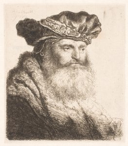 Skjeggete mann iført en fløyelshette med juvellås av Rembrandt van Rijn