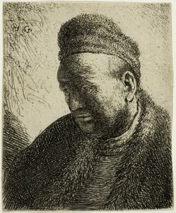 Skjeggløs mann i en pelskappe og lue: Byste av Rembrandt van Rijn