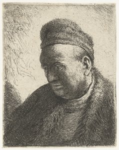 Skjeggløs mann i pelskappe og lue: byste av Rembrandt van Rijn