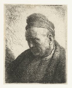 Skjeggløs mann i pelskappe og lue: byste av Rembrandt van Rijn