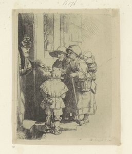 Tiggerfamilie mottar almisser ved døren til et hus. Recueil de quatre-vingt-cinq estampes originales (serietittel) av Rembrandt van Rijn