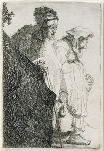 Tiggermann og kvinne bak en bank, ca. 1630 av Rembrandt van Rijn