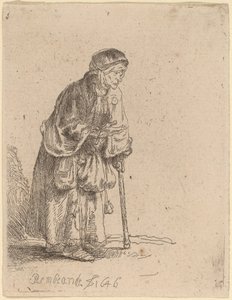 Tiggerkvinne lener seg på en pinne av Rembrandt van Rijn