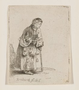 Tiggende kvinne som støtter seg på en stokk av Rembrandt van Rijn