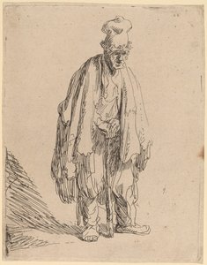 Tigger med høy lue, stående og lent på en pinne av Rembrandt van Rijn