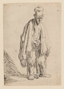 Tigger med høy lue, stående og lent på en pinne av Rembrandt van Rijn