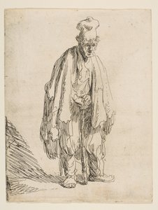 Tigger med høy lue, stående og lent på en pinne, ca. 1629. av Rembrandt van Rijn