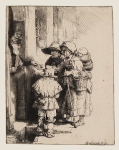 Tiggere som mottar almisser ved døren til et hus av Rembrandt van Rijn