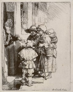 Tiggere som mottar almisser ved døren til et hus, 1648 (tørrpunktgravering)