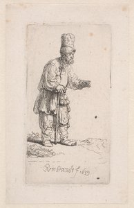 Bonde lener seg på en pinne av Rembrandt van Rijn