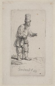 Bonde lener seg på en pinne av Rembrandt van Rijn
