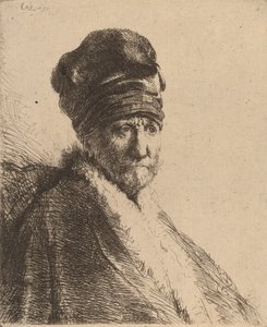 Byste av en mann med høy caps, trekvart høyre kunstnerens far, 1630. av Rembrandt van Rijn